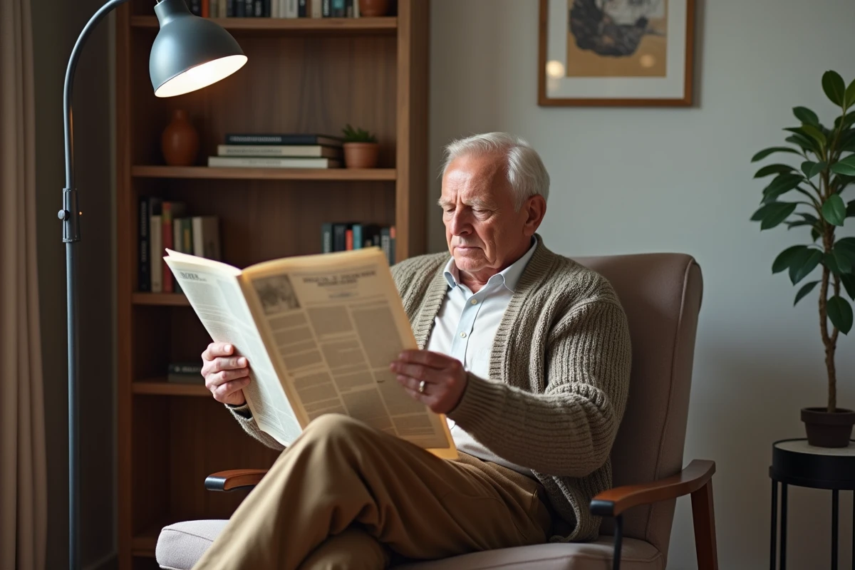 Homme âgé lisant un journal dans un coin lecture