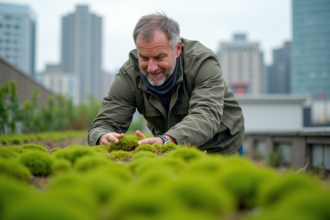 Homme inspectant un jardin vert sur un toit urbain