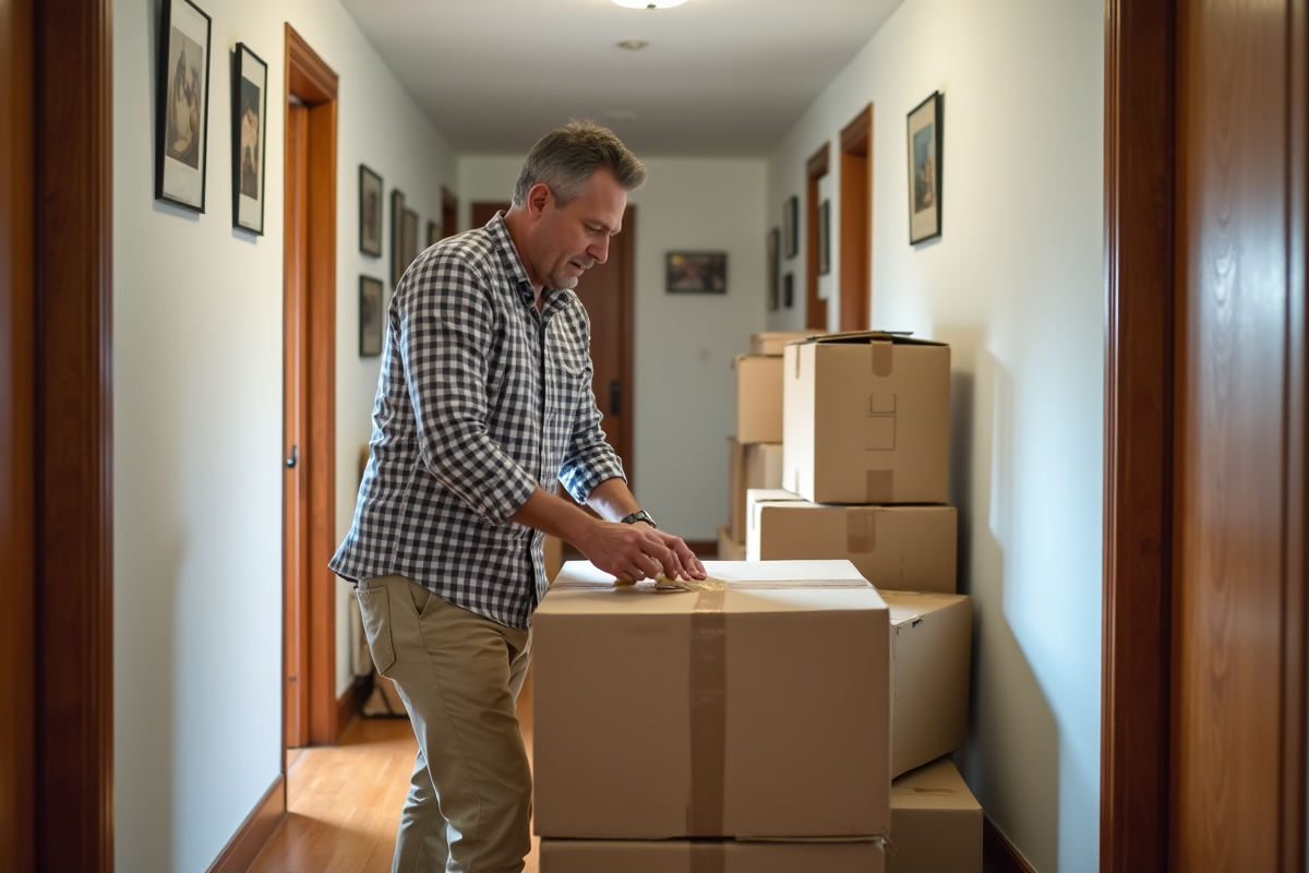 Homme scotchant une grande boîte dans un couloir d