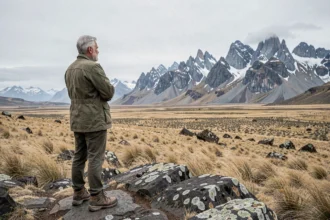 Homme aux cheveux argentés contemplant les sommets de Patagonie depuis un plateau rocheux et venté