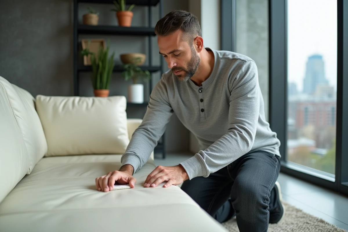 Homme testant une nouvelle formule nettoyante pour canapé cuir blanc cassé dans un appartement moderne avec vue urbaine