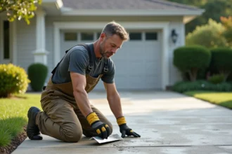 Ouvrier en overalls posant du béton extérieur