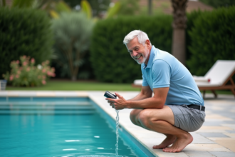 Homme testant la qualité de l'eau de la piscine extérieure