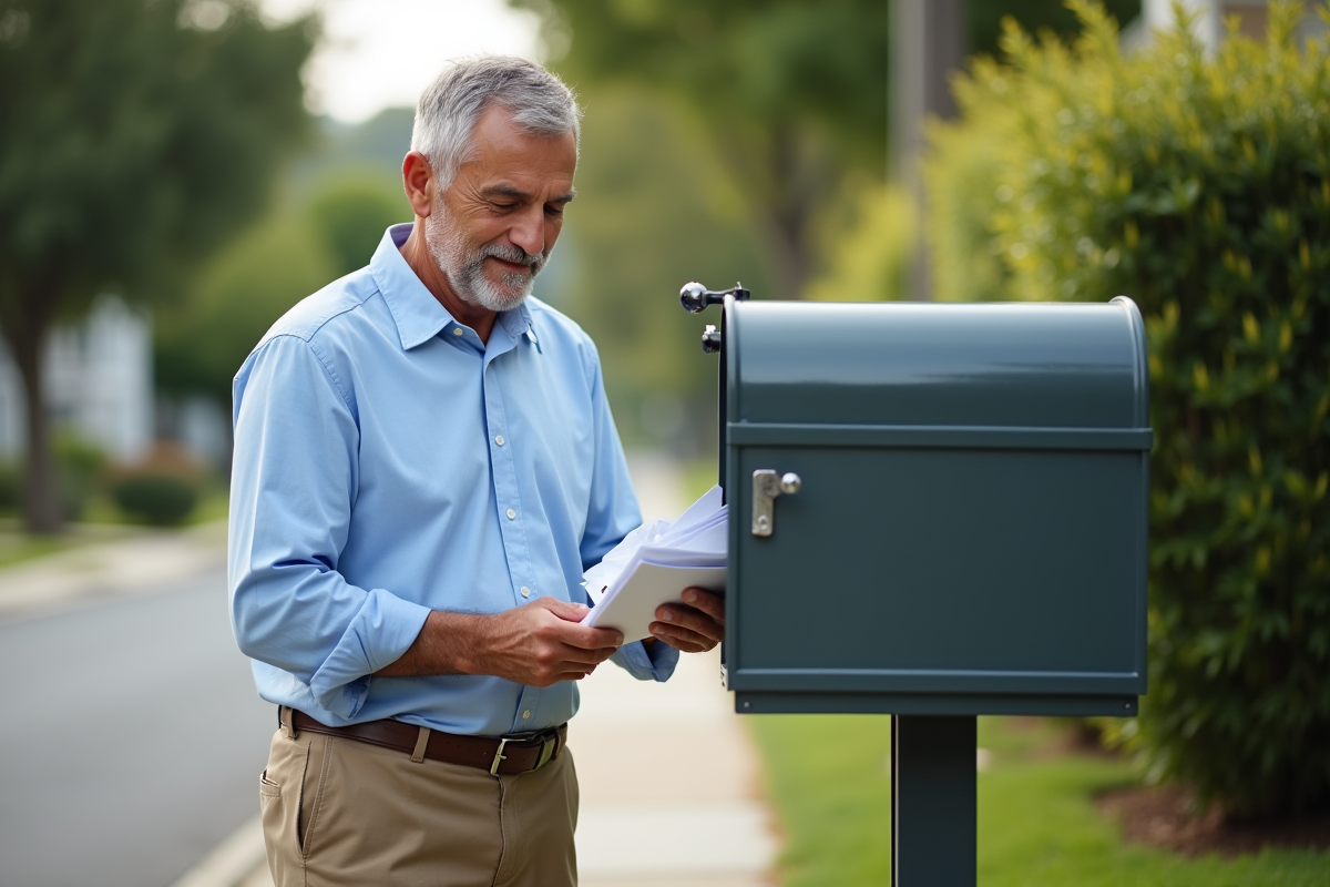 Homme déposant du courrier dans une boîte aux lettres extérieure