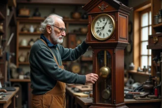 Horloger âgé inspectant une horloge comtoise dans son atelier