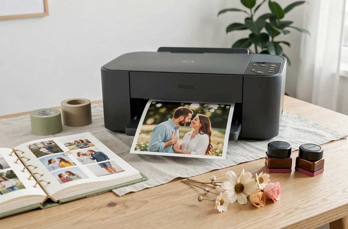 Imprimante photo compacte éjectant un tirage brillant entourée d'accessoires de scrapbooking sur une table en bois clair