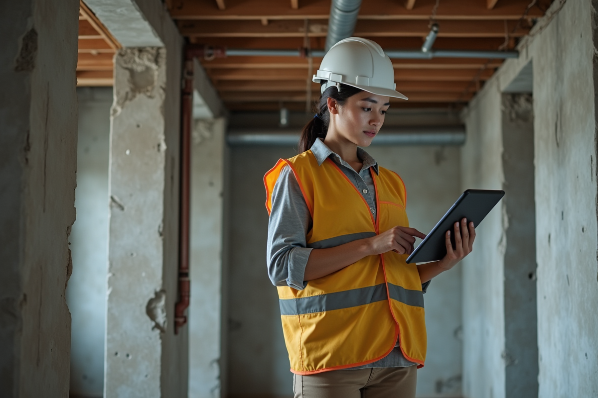 Ingénieure inspectant la fondation d
