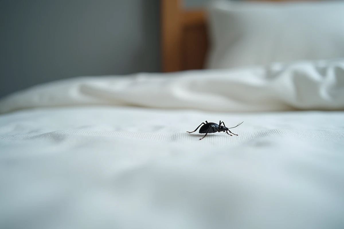 Petit insecte noir se déplaçant sur un drap blanc dans une chambre à coucher, petite bête noire domestique qui gratte ou pique