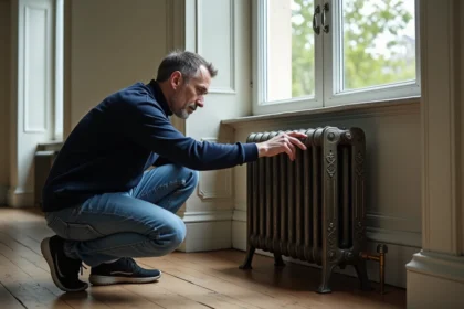 Homme inspectant un radiateur en fonte dans un appartement parisien