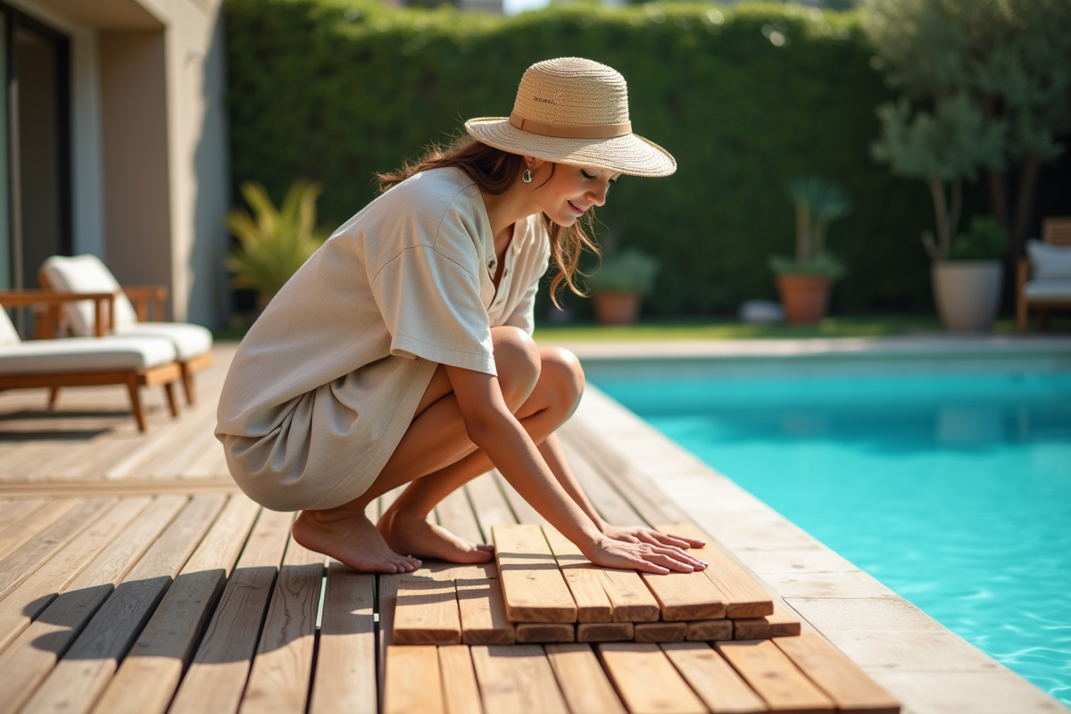 Jeune femme inspectant les planches de bois sur la terrasse