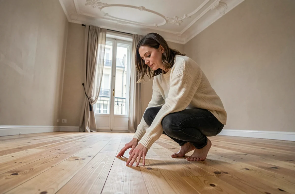 Femme inspectant un parquet massif en pin fraîchement posé dans un appartement haussmannien rénové