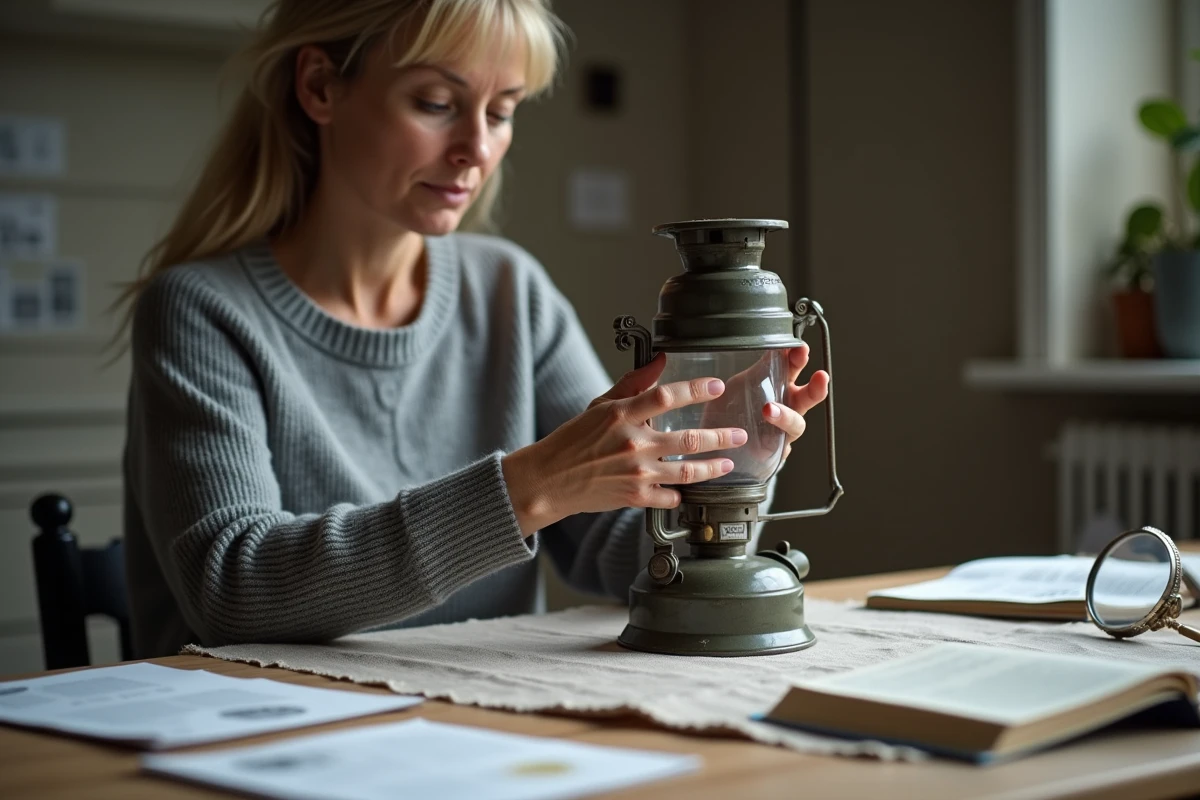 Femme inspectant le poinçon d'une lampe à pétrole ancienne entourée de catalogues de vente aux enchères