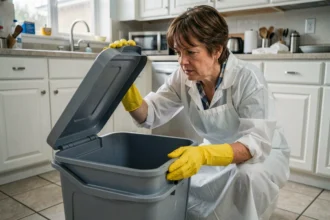 Femme avec des gants de protection inspectant une poubelle de cuisine dans le cadre d'une désinfection contre les asticots