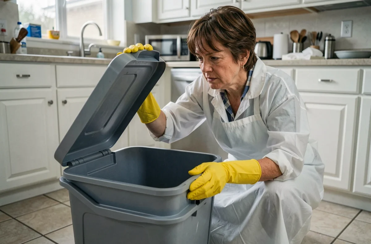 Femme avec des gants de protection inspectant une poubelle de cuisine dans le cadre d'une désinfection contre les asticots