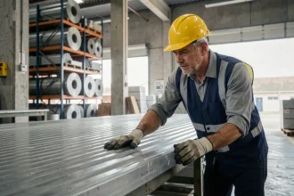 Ingénieur en bâtiment inspectant une tôle d'acier ondulée dans un entrepôt industriel, vérifiant la résistance et la qualité du métal