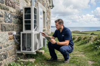 Technicien climatisation inspectant une unité extérieure sur une maison bretonne en pierre dans le Finistère