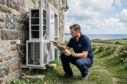Technicien climatisation inspectant une unité extérieure sur une maison bretonne en pierre dans le Finistère