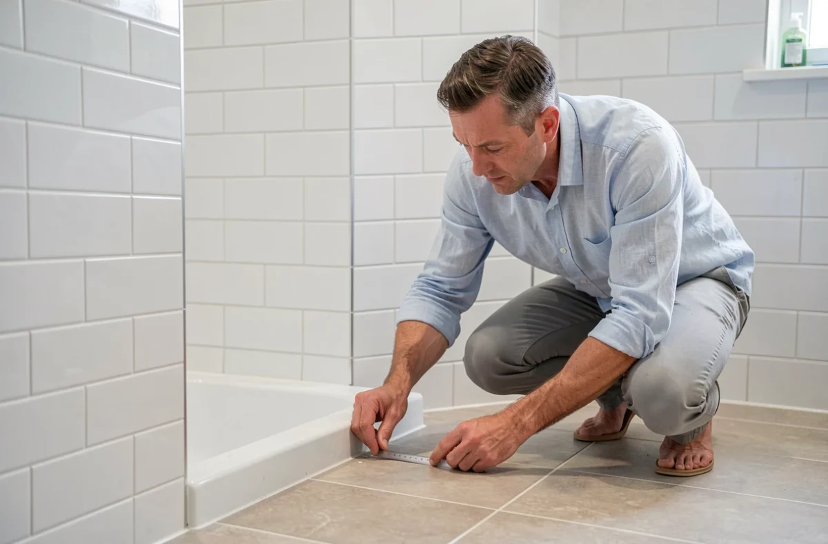 Installateur mesurant les marges autour d'une vasque encastrée lors de la pose dans une salle de bain carrelée