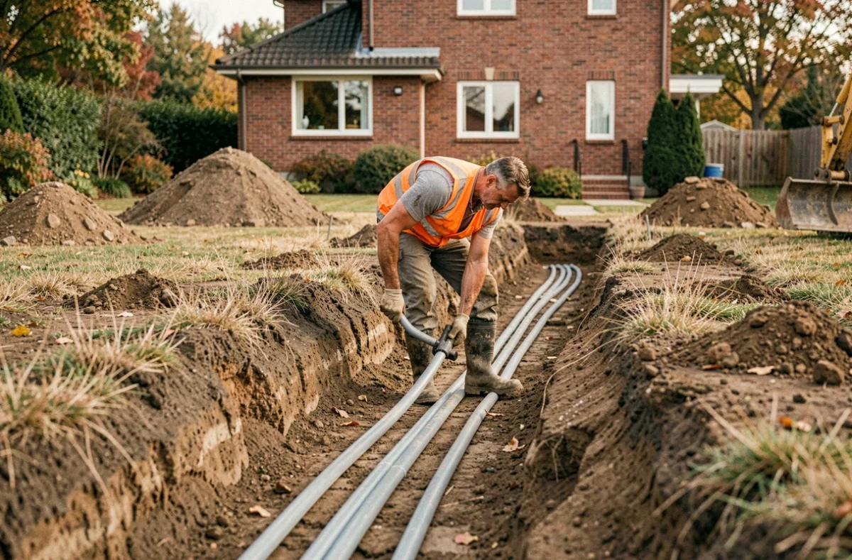 Installation de capteurs géothermiques horizontaux dans une tranchée de jardin résidentiel