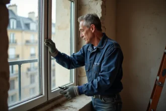 Technicien installant une fenêtre à double vitrage dans un appartement ancien parisien aux murs en pierre