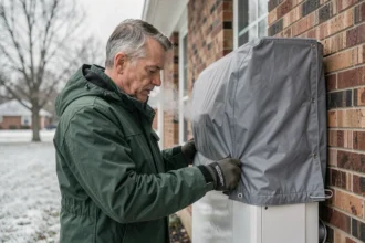 Homme installant une housse de protection grise sur une pompe à chaleur extérieure en hiver