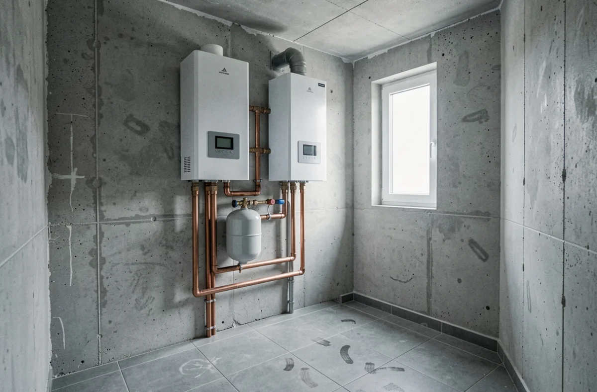 Installation intérieure d'une pompe à chaleur air eau dans une chaufferie moderne
