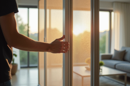 Installation d'une grande moustiquaire sur une porte coulissante moderne