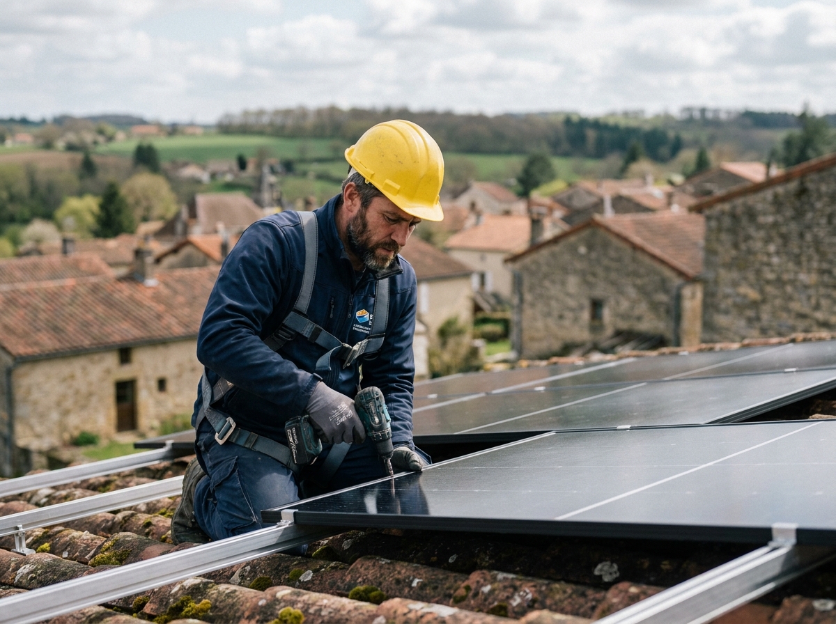 Technicien installant des panneaux photovoltaïques sur le toit d'une maison en milieu rural