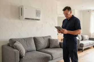 Technicien installant une pompe à chaleur air/air multi split Atlantic dans un salon moderne