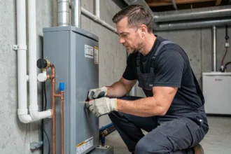 Technicien installant une pompe à chaleur sol-eau dans une chaufferie résidentielle