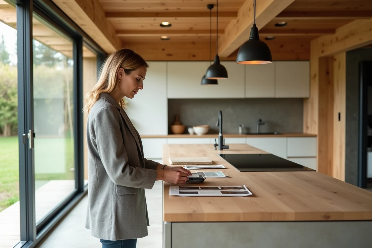 Intérieur d'une maison modulaire écologique en bois lamellé-croisé avec cuisine en chêne recyclé