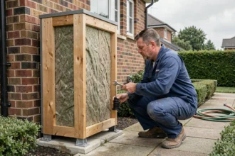 Technicien installant une isolation phonique autour d'une pompe à chaleur extérieure avec des panneaux en laine minérale