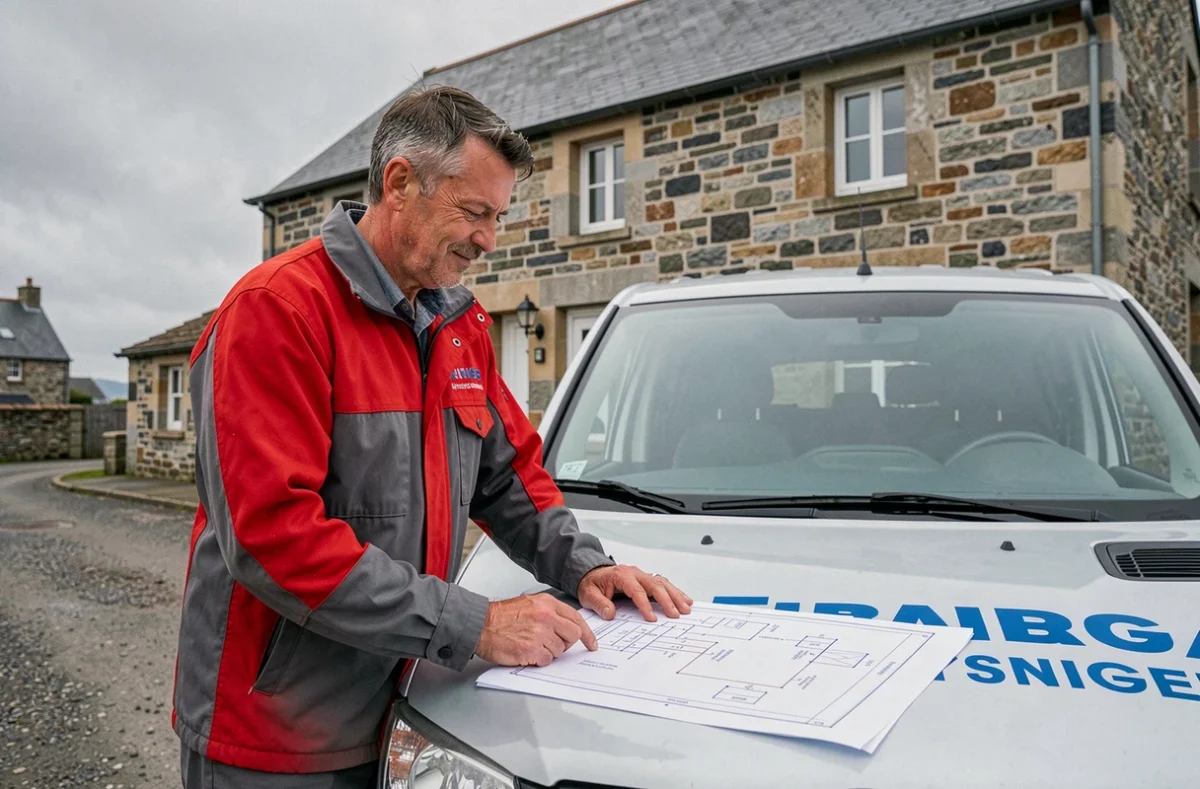 Technicien de Jaouen Energies consultant des schémas techniques devant une ferme bretonne traditionnelle dans le Finistère