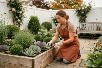 Femme entretenant un jardin fonctionnel et décoratif avec des potagers surélevés en bois et des plantes aromatiques en automne
