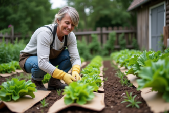 Femme en jardinage posant près de légumes en jardin
