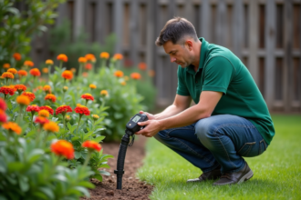 Homme moyenâgeux réglant un programmateur d'arrosage dans le jardin