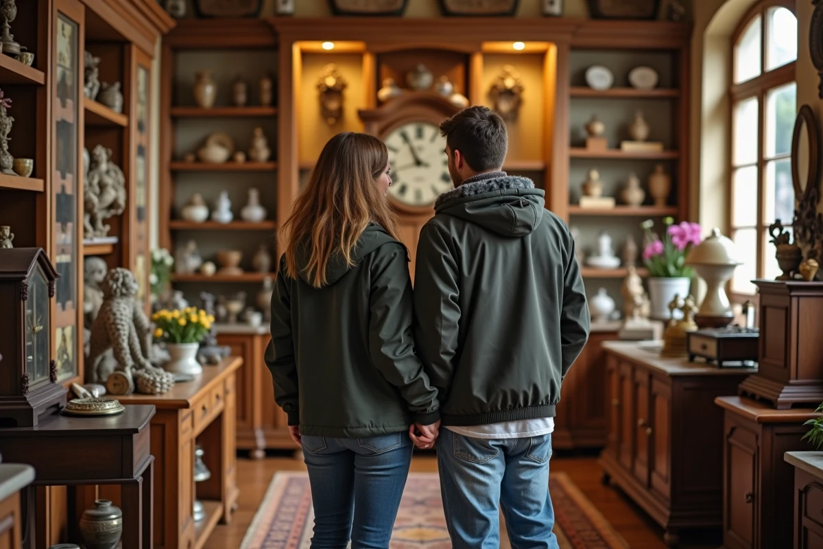 Jeune couple admirant une horloge dans une boutique d