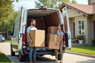 Jeune couple heureux chargeant des cartons de demenagement devant une maison