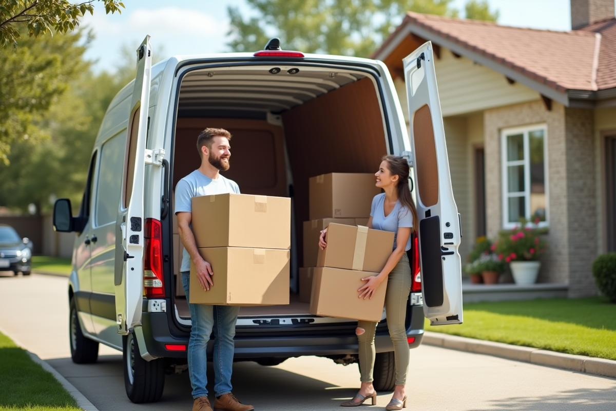 Jeune couple heureux chargeant des cartons de demenagement devant une maison