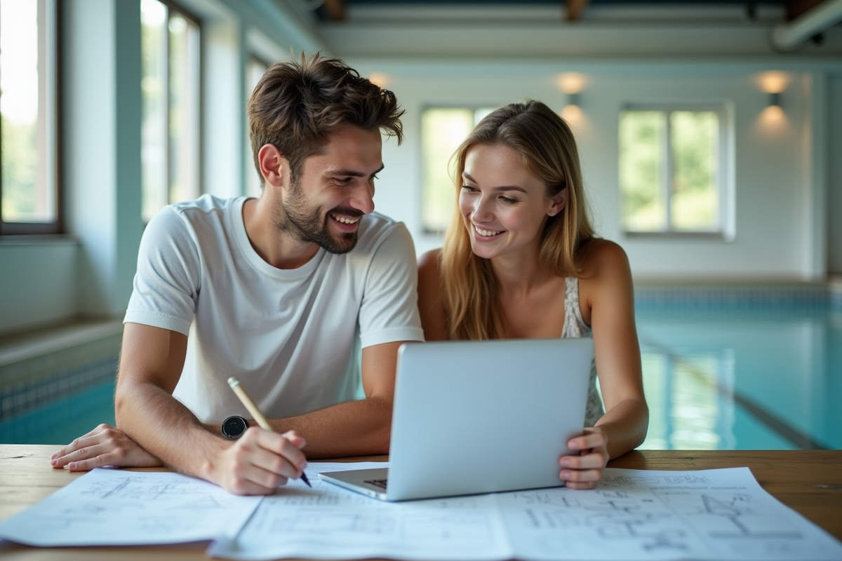 Jeune couple discutant autour de la piscine intérieure