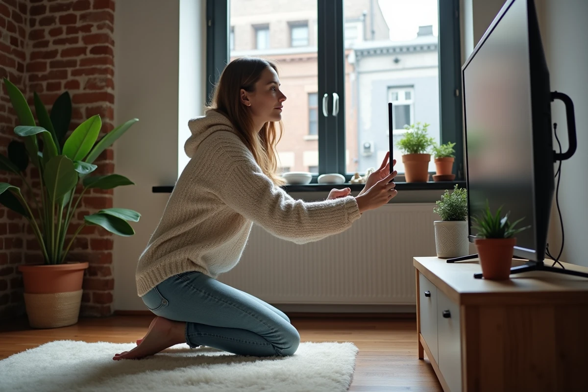 Jeune femme ajuste une antenne TV dans un salon moderne