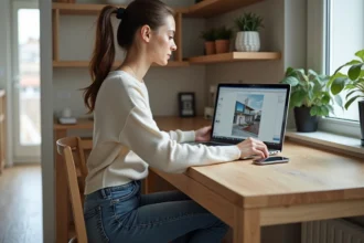 Jeune femme travaillant sur un laptop dans un appartement scandinave