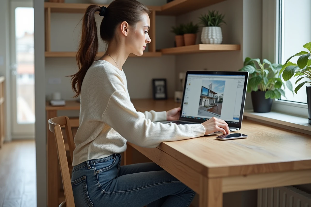 Jeune femme travaillant sur un laptop dans un appartement scandinave