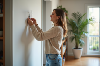 Jeune femme pose un crochet mural dans un salon cosy