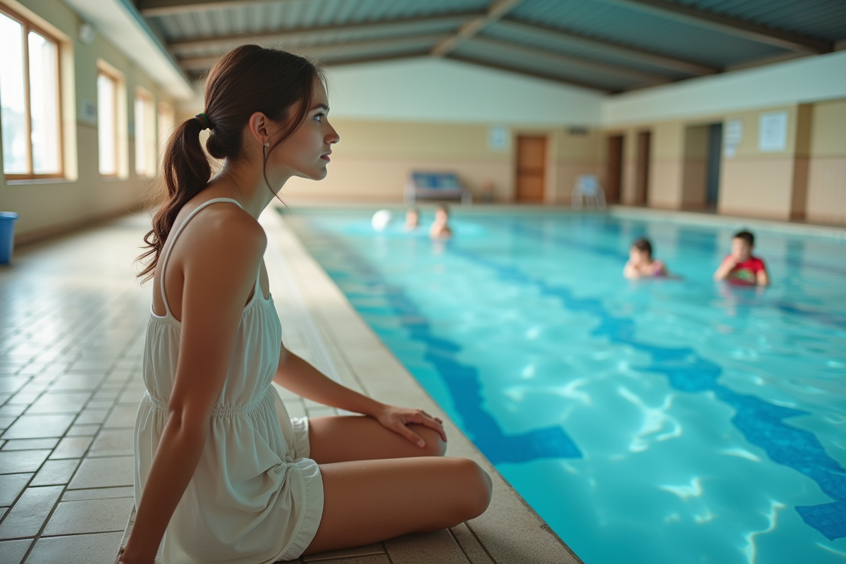 Jeune femme assise au bord de la piscine observant les enfants