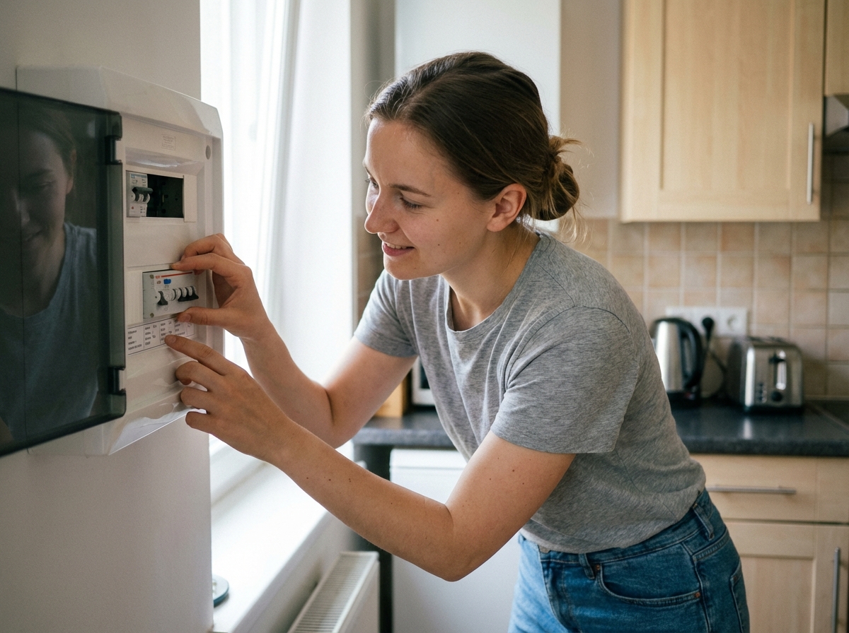 Jeune femme vérifiant un disjoncteur dans sa cuisine lumineuse