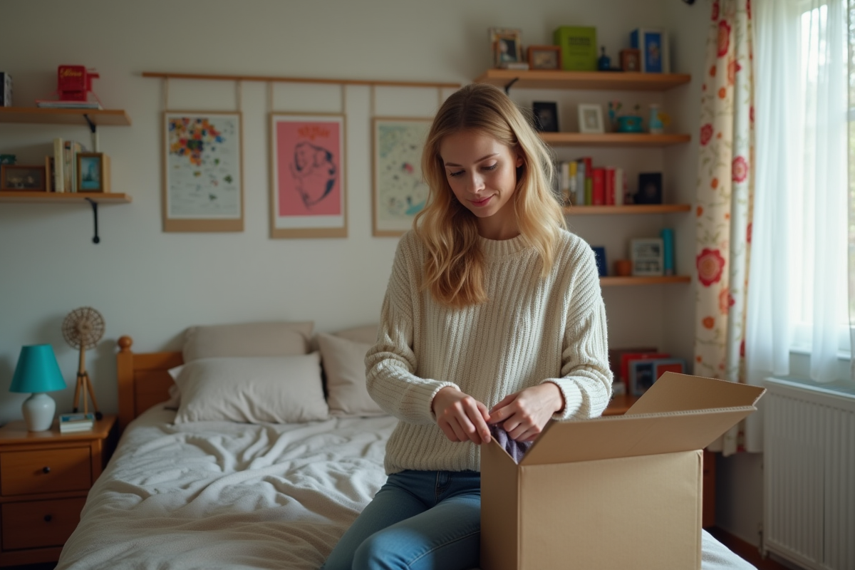 Jeune femme emballant des cartons dans sa chambre d'enfance