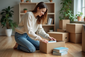 Jeune femme emballant des livres dans un carton dans un salon lumineux