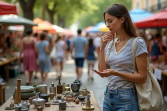 Jeune femme examinant des objets vintage au marché aux puces de Montpellier