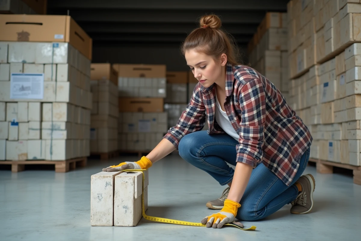 Jeune femme mesurant un parpaing dans un stockage